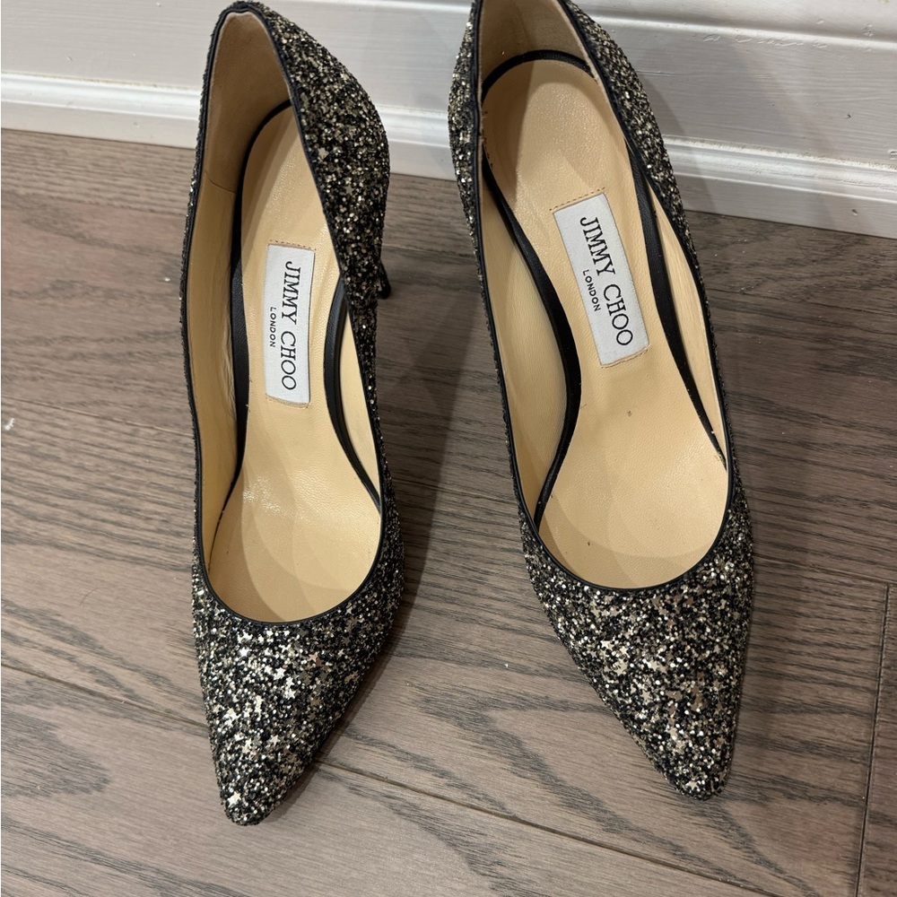 Brand new Jimmy Choo Black and Silver Glitter Heels
